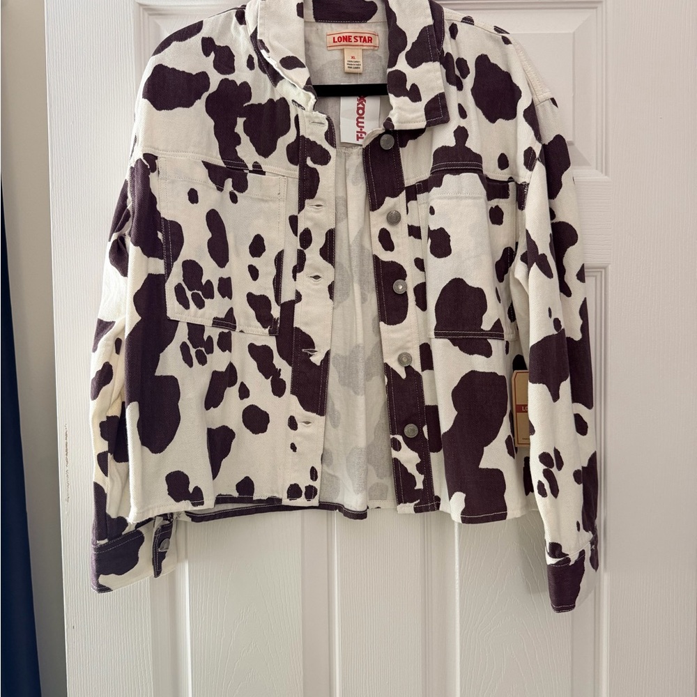 Lone Star Cowprint Denim Jacket - Brown/White